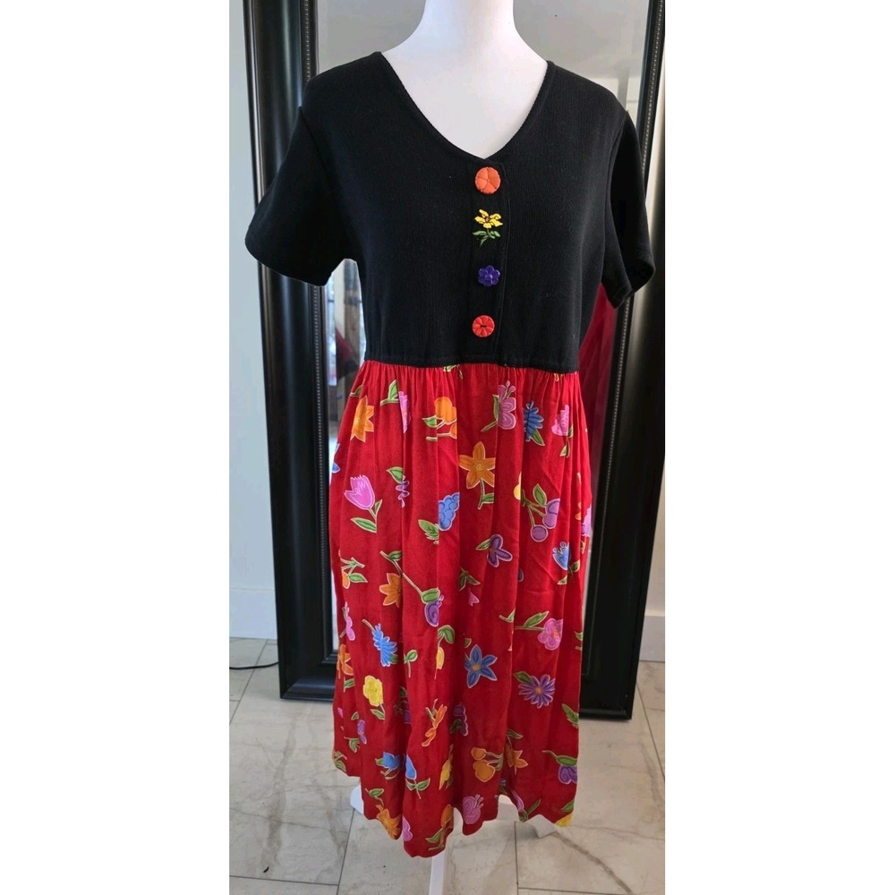Vintage Petite Impressions Floral Dress M Black Knit Top Red Skirt USA Made